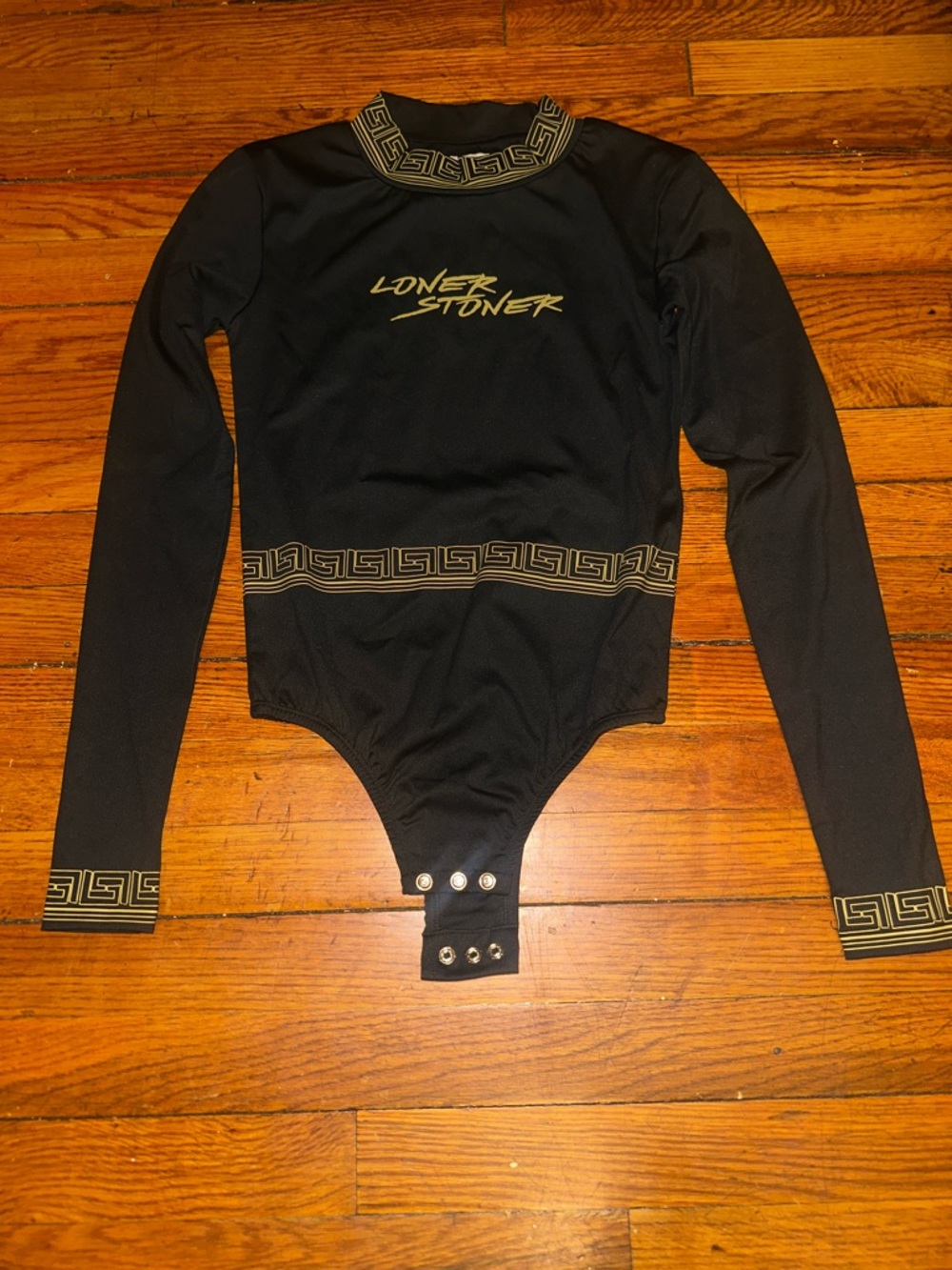 Loner Stoner Black Long Sleeve Bodysuit with Gold Trim